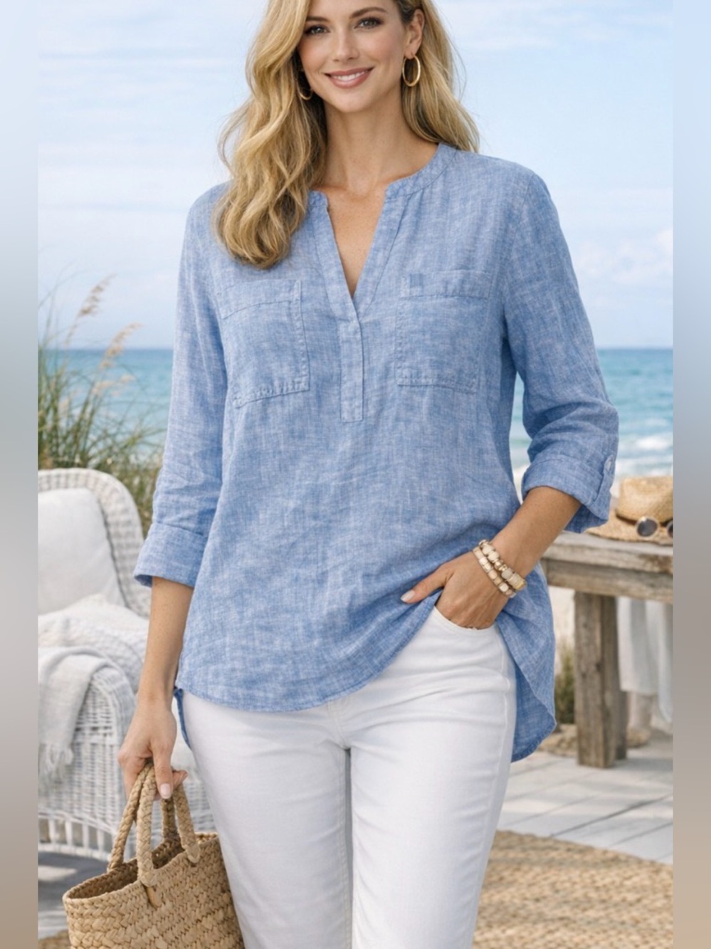 Chico's 100% Linen Split-Neck Tunic
Top, Size 1 (US 8/10), 3/4 Button Sleeve,GUC